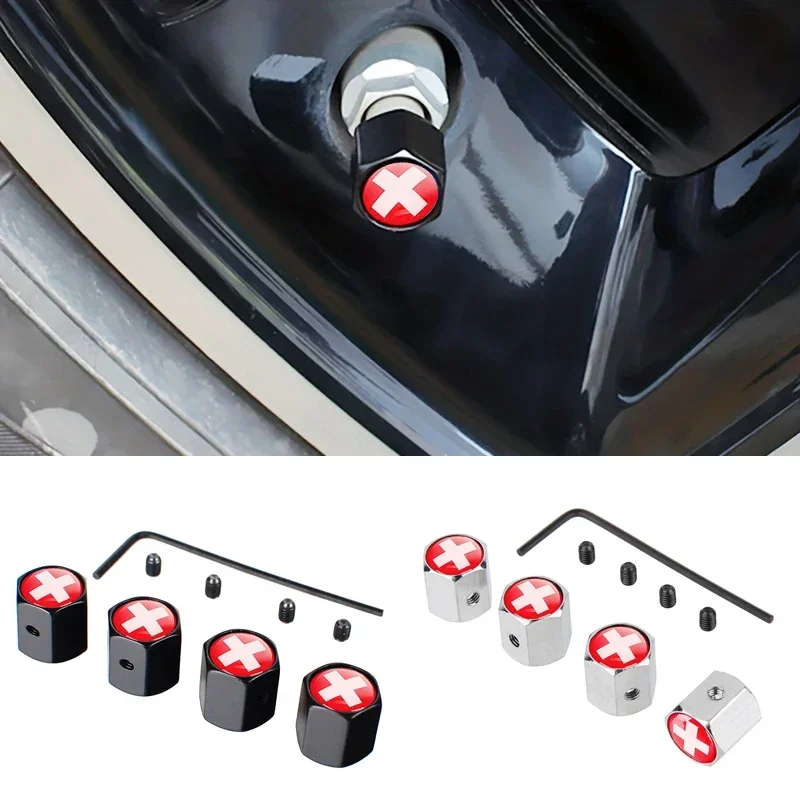 4PCS Switzerland Flag Car Wheel Air Covers Car Air Valve Stem Caps for Ford Dodge Honda BMW Toyota Audi Nissan Subaru Mazda VW