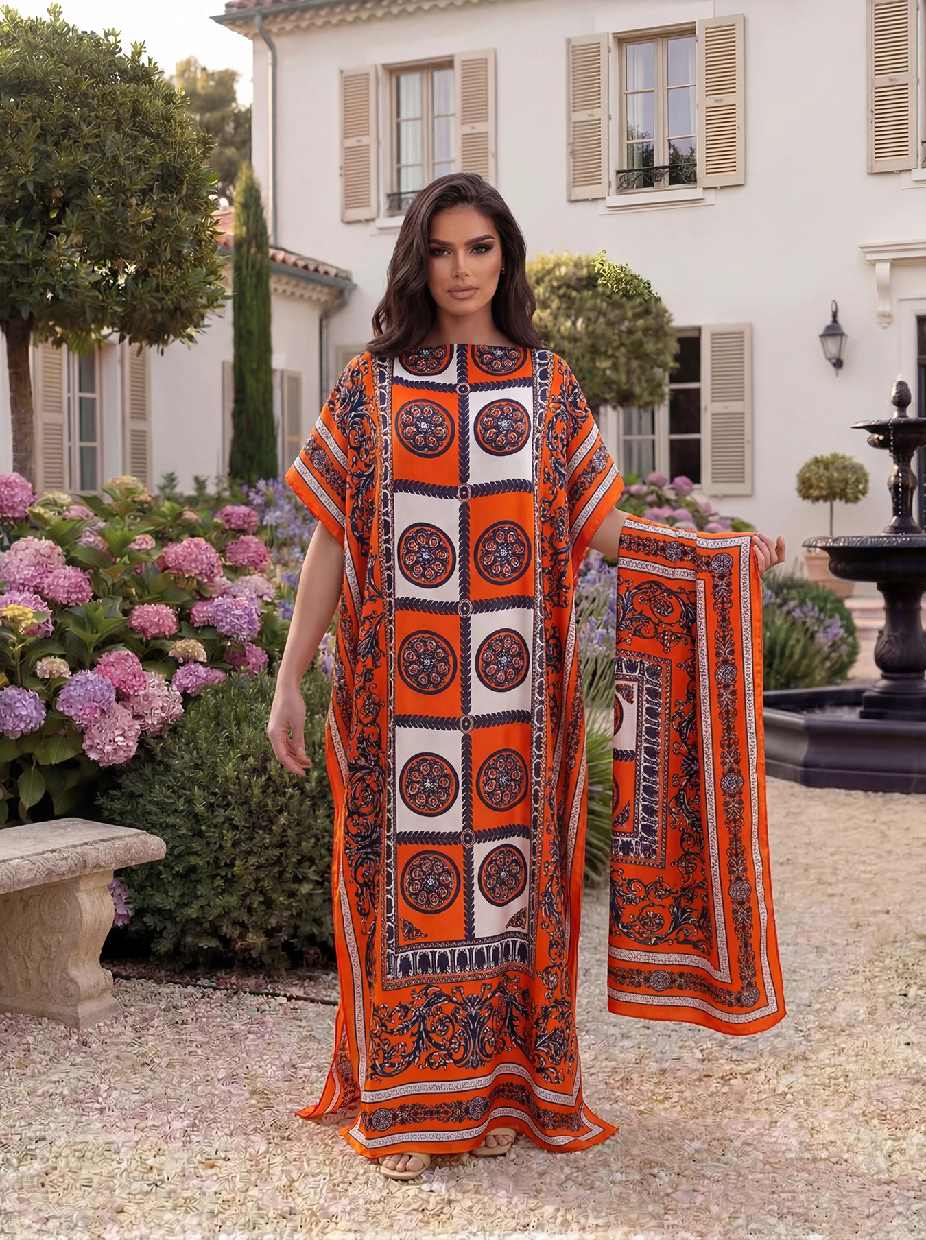 

New 2026 Dubai Abaya Robe Suit for Women with Peacock Print Silk Dashiki Caftan Dress Maxi Islam African Styles with Scarf Shawl