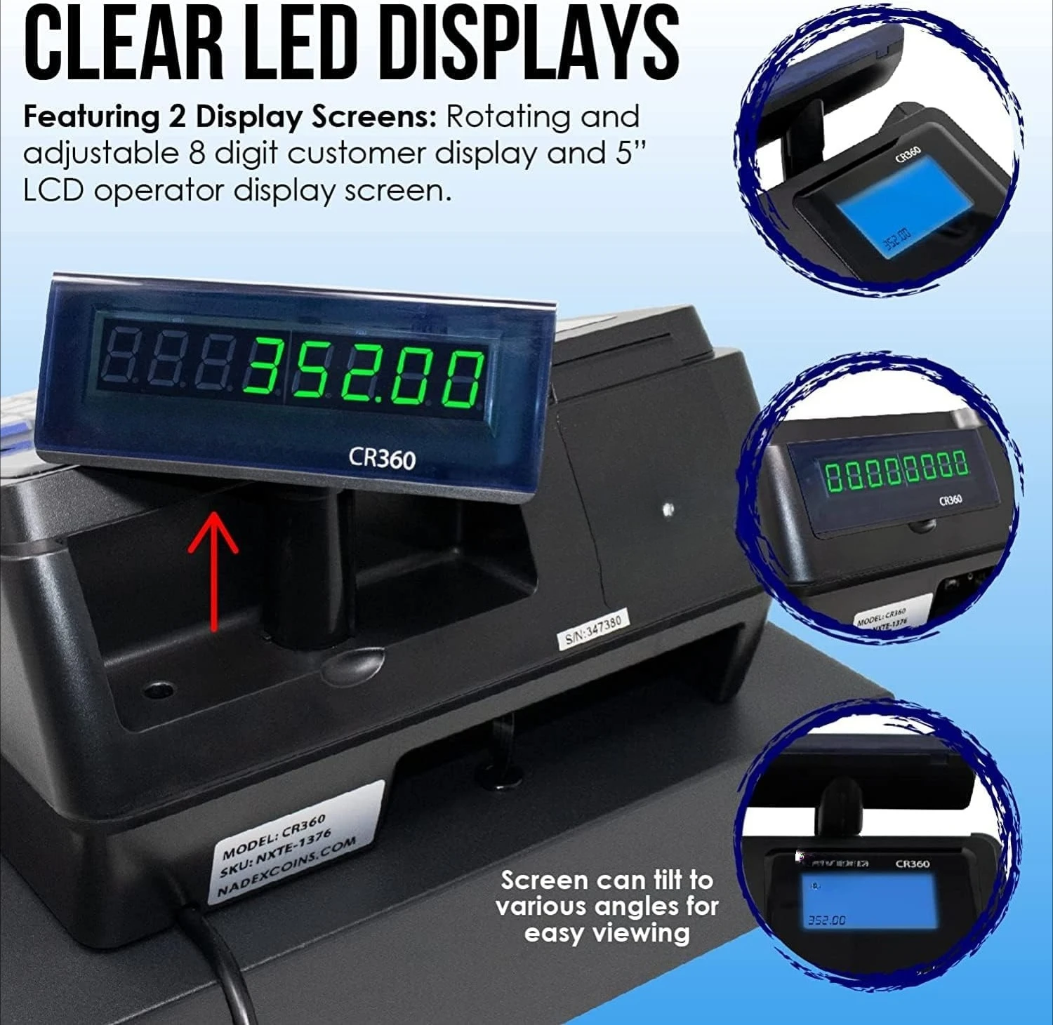 

CR360 Cash Register, 4700 Lookups 50 Dept 50 Clerks, Quick Load Thermal Printer, Compact Size, Cash and Coin Drawer, Black