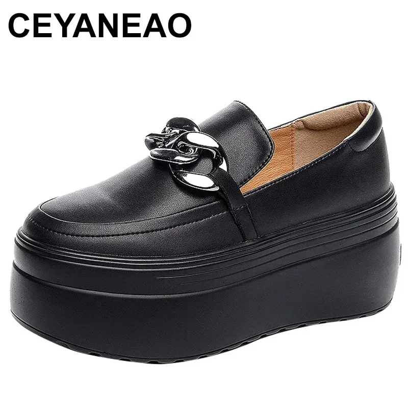 8CM Genuine Leather Fashion Walking Height Increasing Loafers Ladies Casual Platform Wedge Hot Sale Women Slip on Shoes