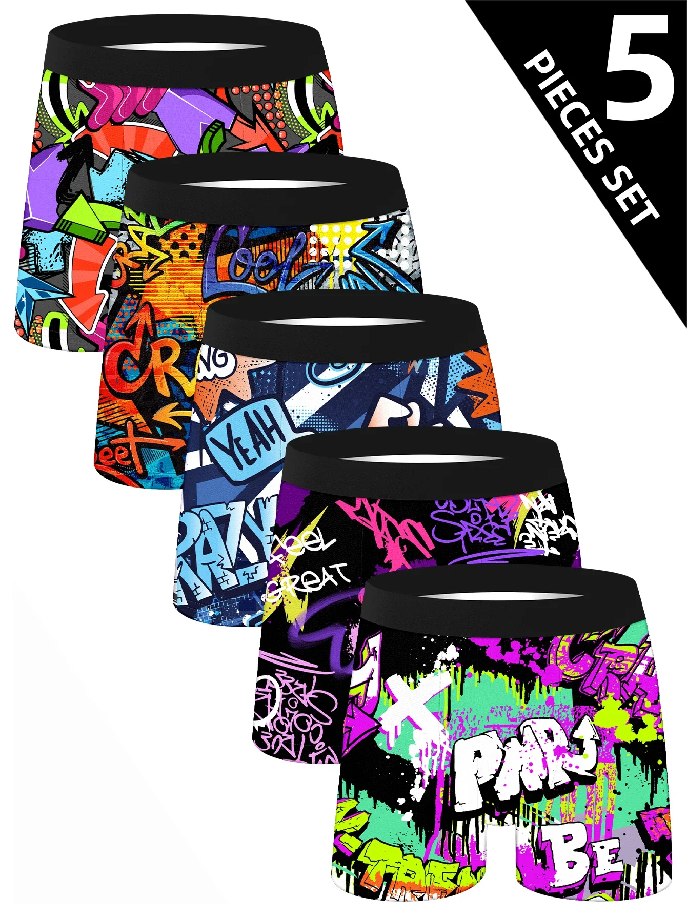 5-Pack Men's Long Boxer Briefs Casual Sport Fitness Short Pants Graffiti Personality Men's Underwear Comfortable Breathable