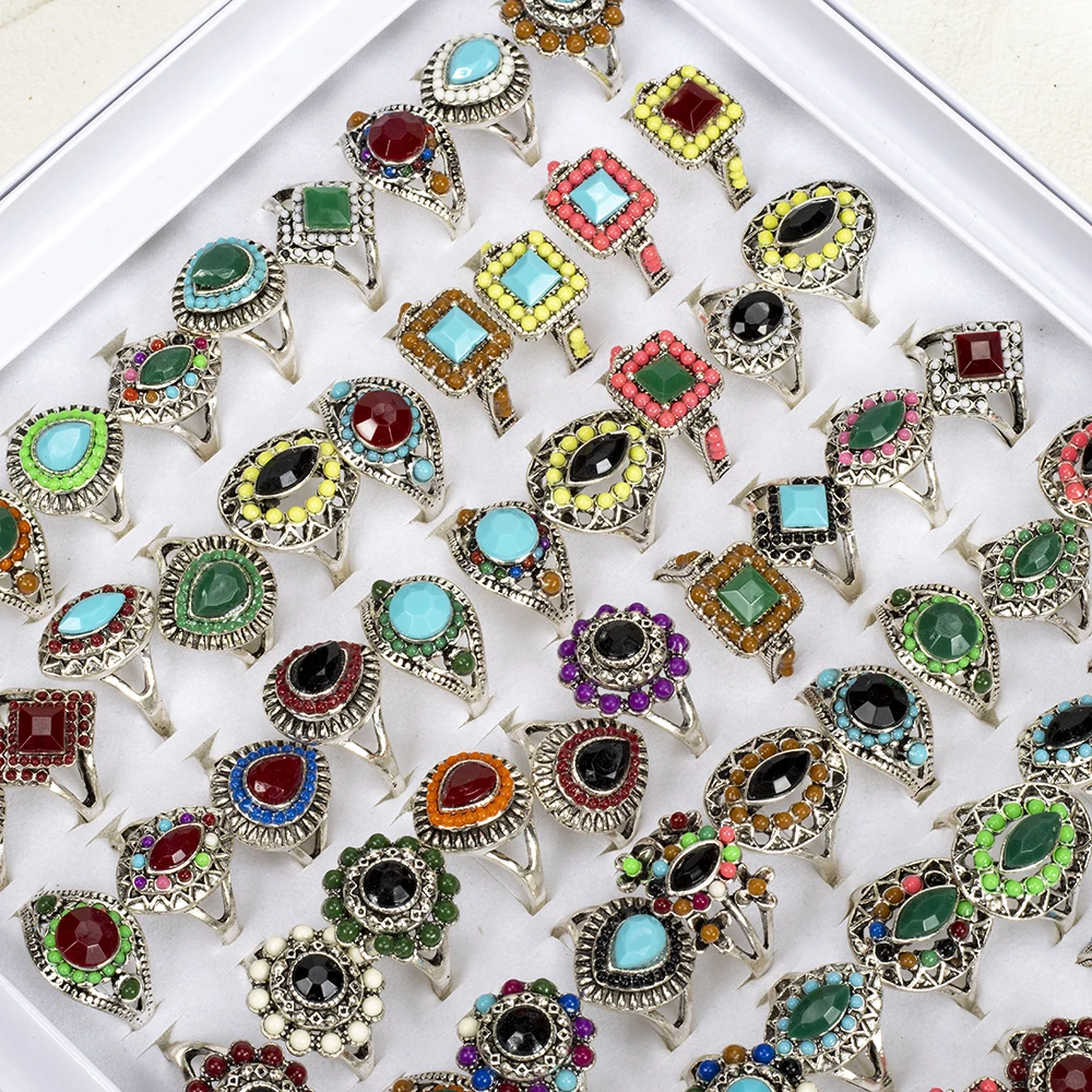Wholesale Bulk 30 Pieces/Lot Vintage Stone Flower Rings For Women Fashion Jewelry Wedding Party Gift