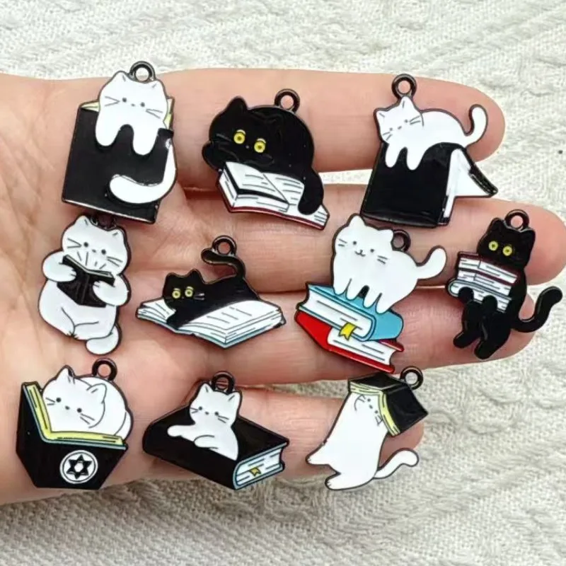 10pcs New Fashion Cute Read Book Cat Enamel Charms Colorful Cartoon Learned Animal Pendants For Making Handmade DIY Jewelry