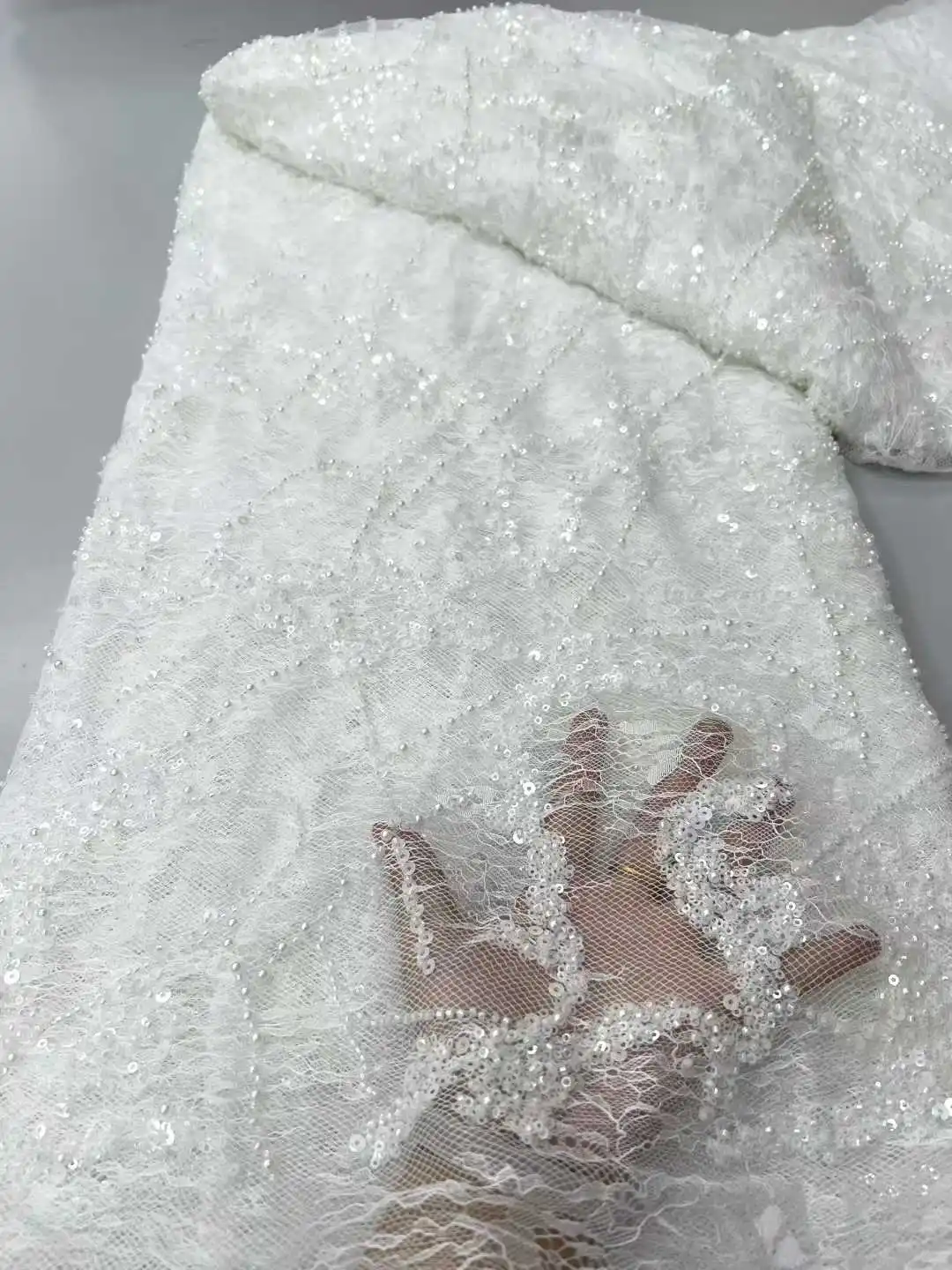 

High Quality French Chiffon Beaded Lace Fabric for Women Wedding Sequins Embroidery Nigeria Net Lace Sewing Fabric