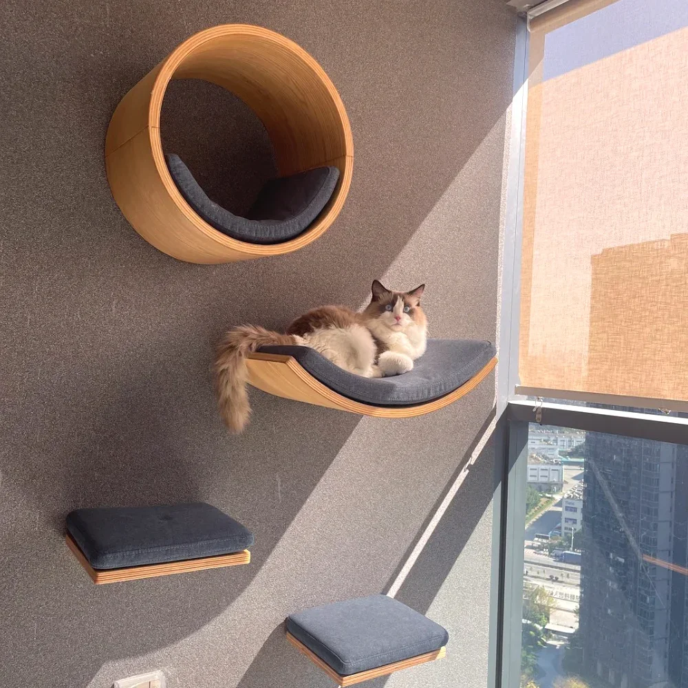

Wooden Cat Tree Tower Wall Mounted Cat Climbing Shelves Hammock Stairs House Cats Walk Playground Pet Furniture Accessories