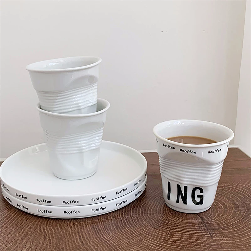 1pc Creative Coffee Mug White Ceramic Nordic Wrinkle Cup Drinking Coffee Tumbler English Letter