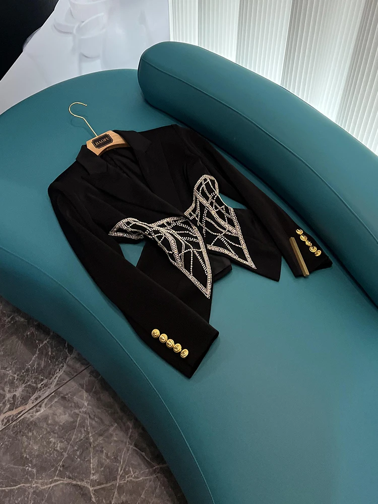 

Faionable Heavy Embellied Diamond Slimming Women's Suit Jaet Commute Sle Long Sve Double Buttoned Pure Color D85