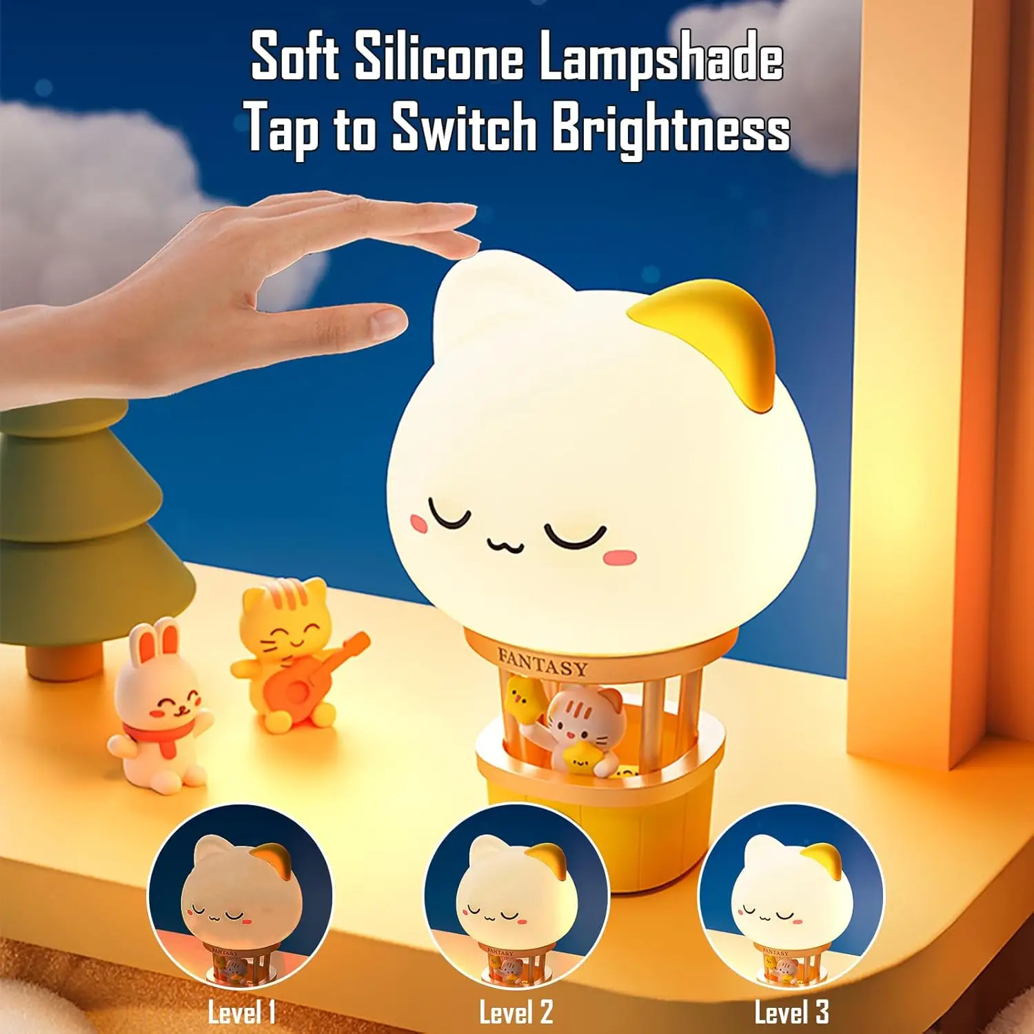 الحضانة ضوء الليل الكرتون الأرنب منطاد الهواء الساخن اللمس USB مصباح الليل القابلة لإعادة الشحن، 3 سرعة يعتم الإضاءة الجدول مصباح الجدة