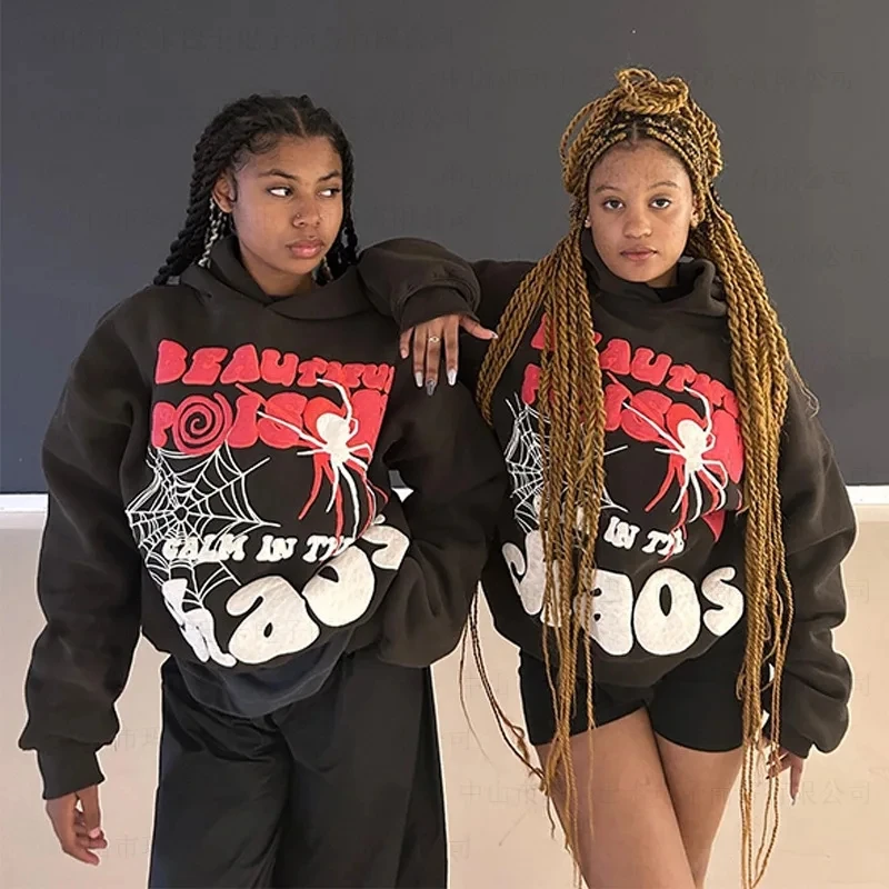 Hip Hop Sweatshirt Long Sleeve Y2K Punk Hoodies for Women Letter Spider Print Pocket Streetwear Loose Autumn Hooded