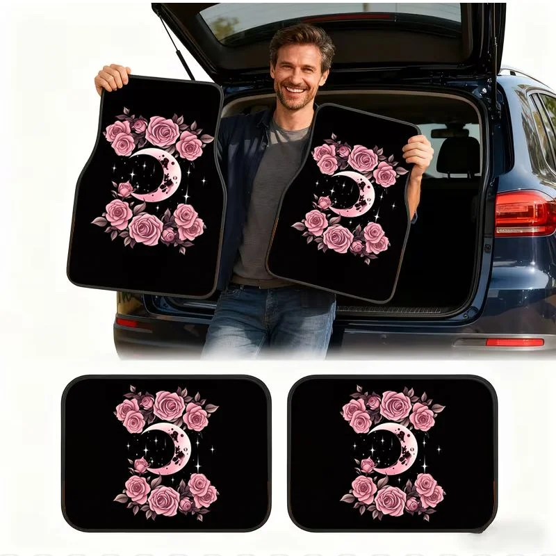 4Pcs Pink Rose Moon Black Car Floor Mats Gothic Floral Style Anti-slip Waterproof Foot Liners Auto Interior Accessories Suit SUV view 4