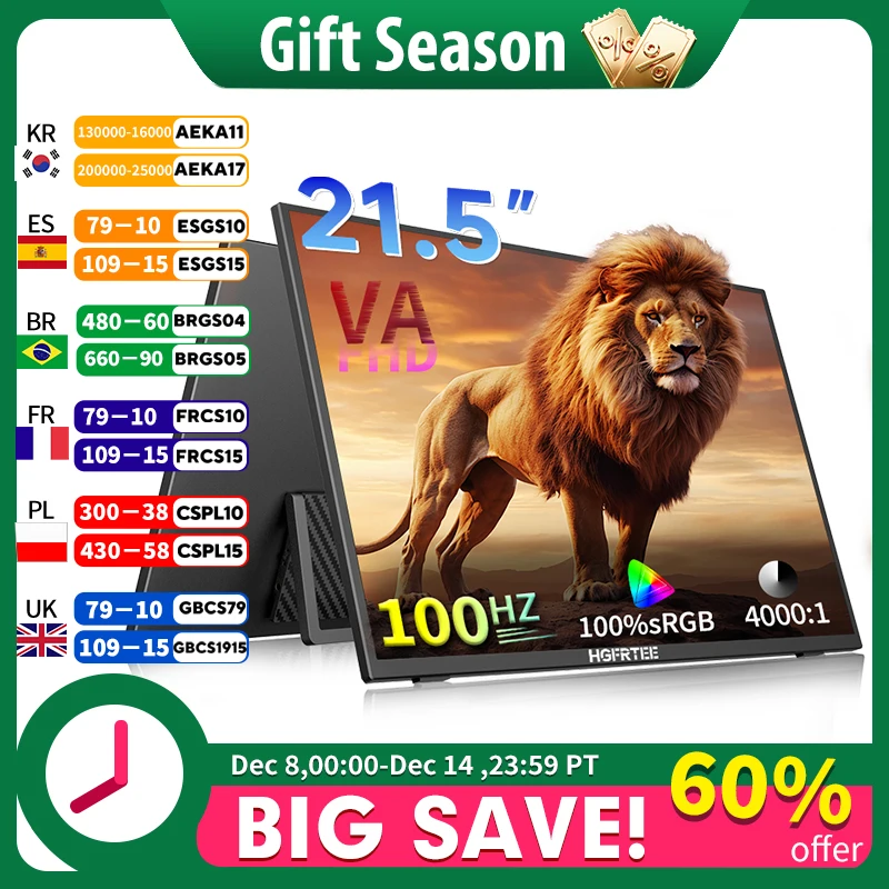 

HGFRTEE 21.5 Inch Portable gaming monitor Full HD 1080P 100Hz 4000:1 Contrast PC Gaming Screen For XBox PS4 / 5 Switch VA Panel