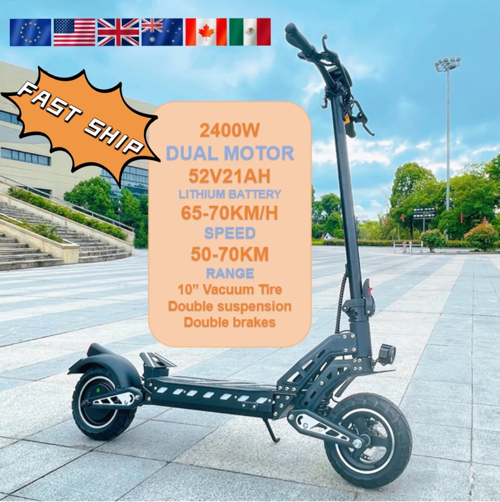 

DRIVETRON China Electric Scooter 52V 21Ah 2400W 10 Inch Road Vacuum Tire Kick Scooter 50-60KM/H e Scooter 60km Range