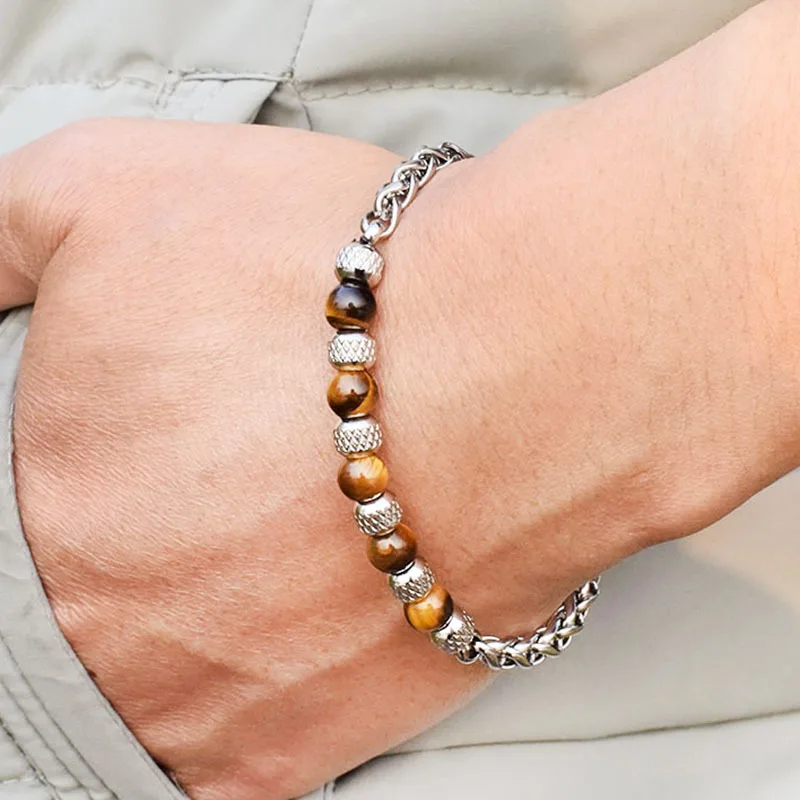 Noter Bransoletka ze stali nierdzewnej Mężczyźni Regulowana bransoletka z ogniwem łańcucha Homme 6mm Naturalny Sodalite Onyx Tiger Eyes Bransoletka Pulsera Prezent