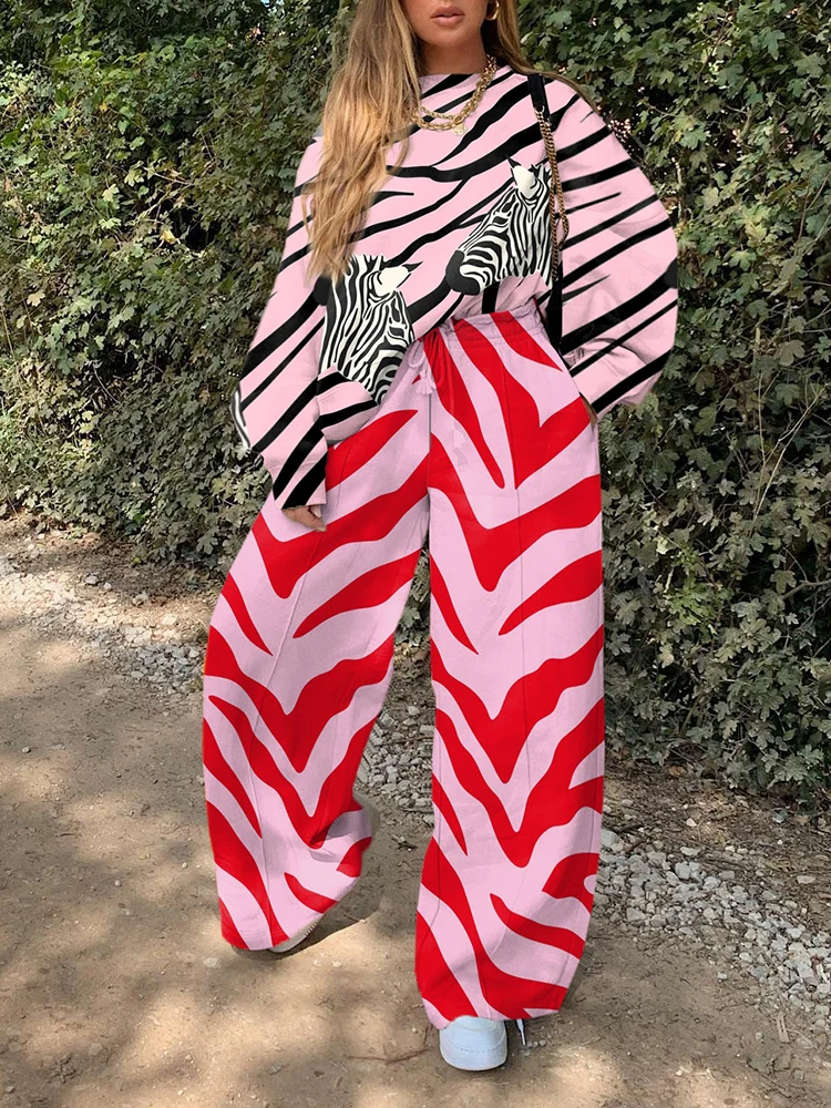 XXS-6XL Plus Size Long Sleeve Sweater Pants Set Women Casual Zebra Stripes Color Block Rose Pink Long Sleeve Loose Pants SetZOOY