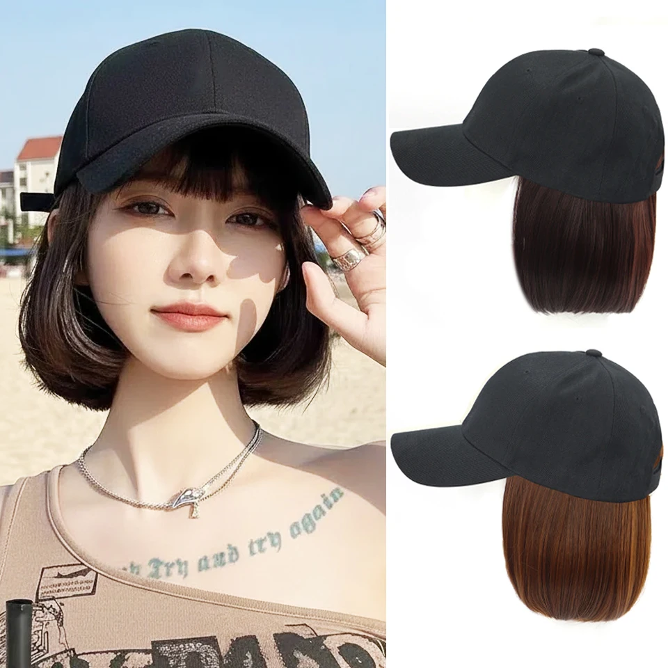 

Synthetic Hat Wig with Bob Hair Extension Short Straight Hair with Black Baseball Hat Hairpiece Adjustable Hat for Women Use
