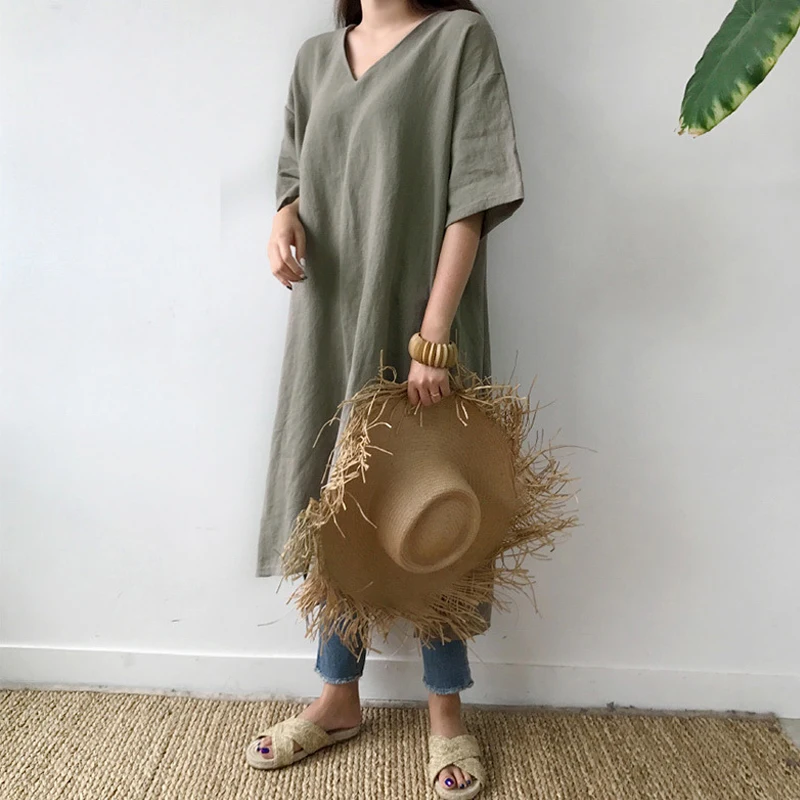 Johnature Casual Solid Color V-neck Long Slits Women T-Shirts 2024 Summer New Korean Short Sleeve All Match Loose Tops