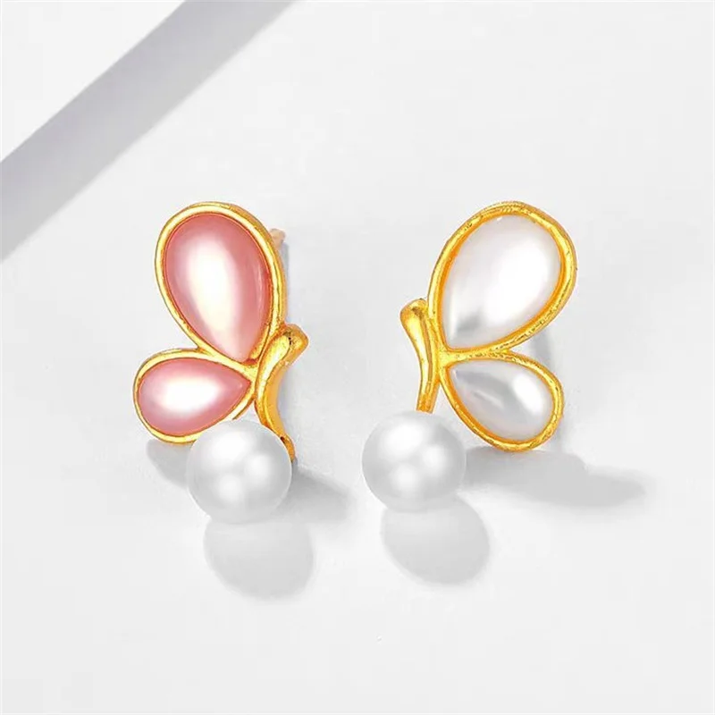 

Wholesale 18K Gold AU750 Butterfly Earrings - White Shell Pearl & Mother-of-Pearl, Simple Elegant Studs for Daily & Party Wear