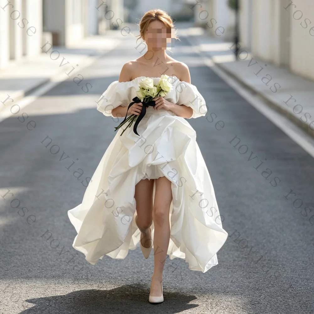 Customized Modern Bohemian Elopement Bridal Gowns Off Shoulder Puff Sleeves High Low Front Slit Satin A Line Wedding Dresses