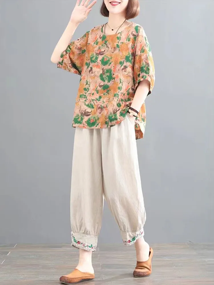 2 Piece Sets Women Summer Casual Pants Suits New Arrival 2023 Vintage Style Loose Female Print Tops And Ankle-length Pants B2605