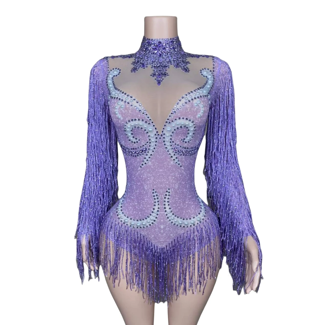 

Purple Women Rhinestone Tassel Stretch Bodysuits Stage Performance Dance Costume Luxury Birthday Body Suits Drag Queen Outfit