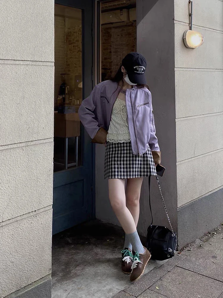 Jaqueta Feminina de Couro PU Roxo Taro para Primavera/Outono, Estilo Motociclista com Toque Sofisticado e Elegância Delicada