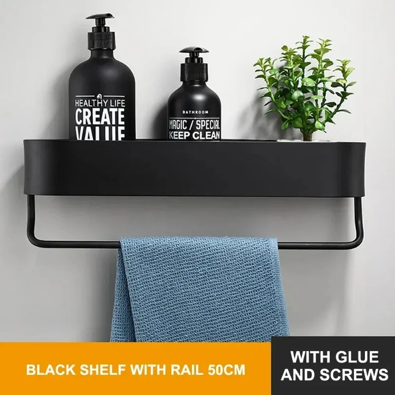 30/40/50cm Black / Matte Bathroom Shelf Shampoo Rack Kitchen Storage Holder Towel Bar Space Aluminum Kitchen Shelf Kmmoun