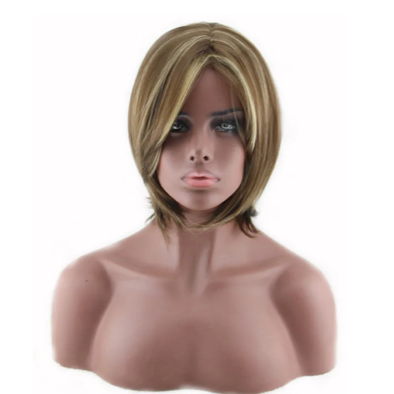 ブラウングラデーションカラーウィッグ レディース ボボスタイル ミドルパート ショート＆ロング斜め前髪 ショートストレートヘア