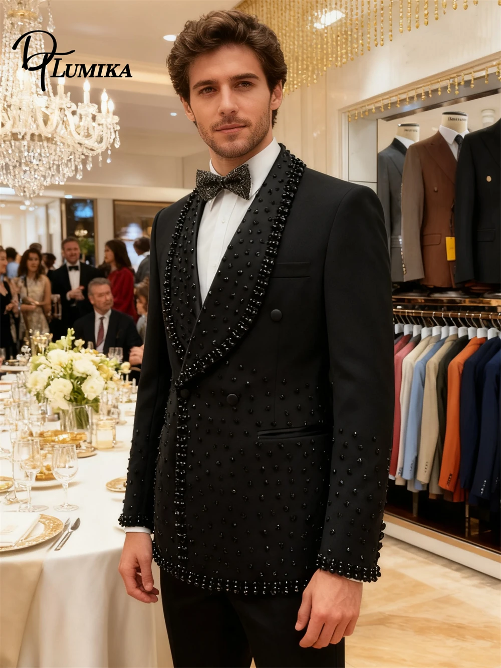 Dtlumika conjunto de terno de duas peças masculino de alta qualidade duplo breasted strass ternos do noivo formal baile de formatura roupa de festa jaqueta e calças