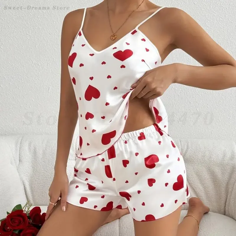 

Strap Top&Shorts 2PCS Pajamas Set Satin Printed Sleepwear Loungewear Women Sexy Lingerie Nightwear Sleeveless Home Clothes
