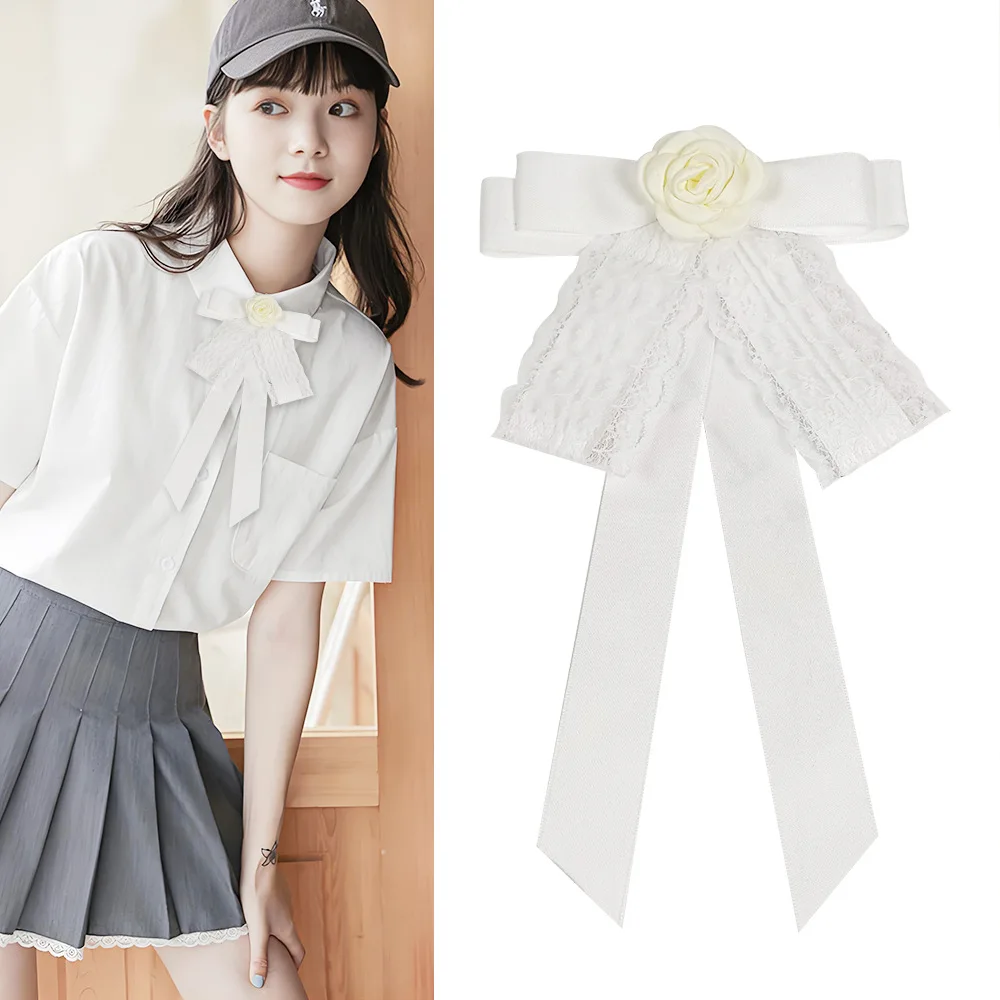 

Korean Camellia White Lace Bow Tie Brooch Handmade Jewelry Elegant Lady Suit Shirt Accessories Corsage Pin Women's Collar Flower