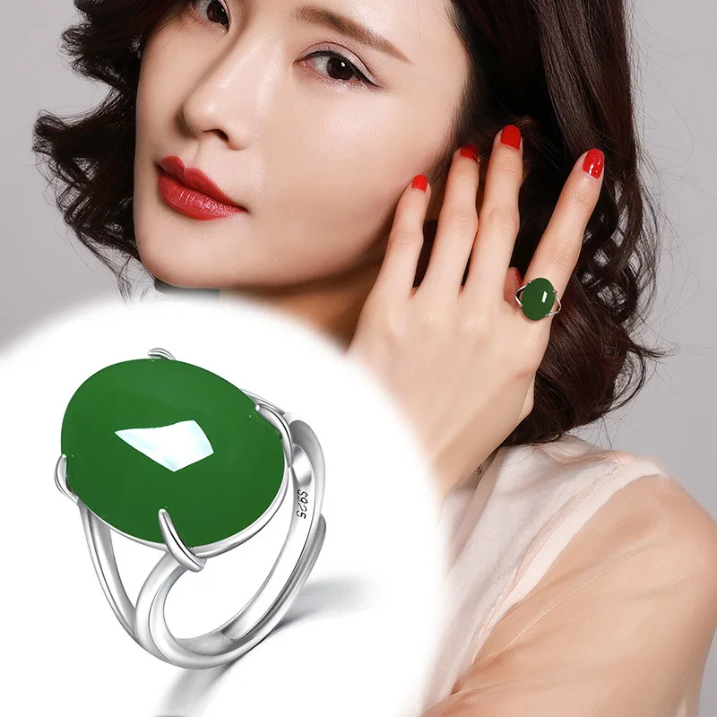 

Natural Hotan Jade Jasper Women's Ring with Adjustable Open Ends Emerald Ring Opening S925 Sterling Silver Set