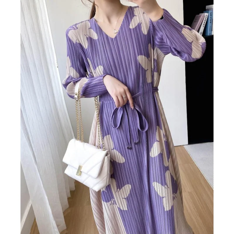 

Pleated Dress2025New High-End Stylish Printed Waist-Cinching Slimming Long-Sleeve Youthful Dress