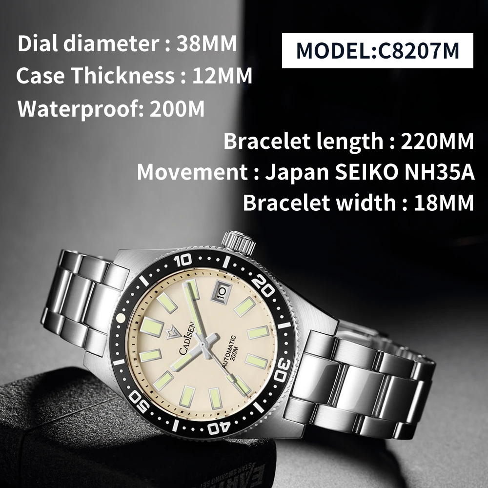 CADISEN-Reloj de pulsera para hombre, accesorio masculino de pulsera resistente al agua con movimiento japonés NH35A, cristal de zafiro, luminoso,