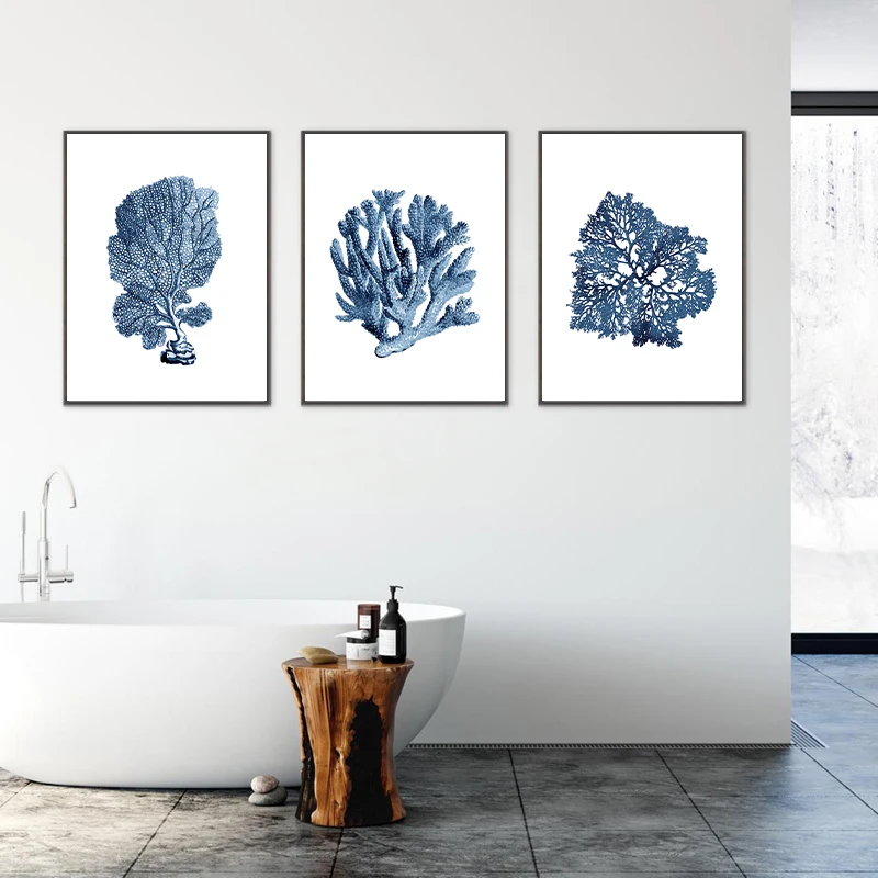 Blue Coral Sea Fan Posters and Prints Modern Watercolor Hamptons Style Art Canvas Painting Coastal Pictures Home Wall Art Decor