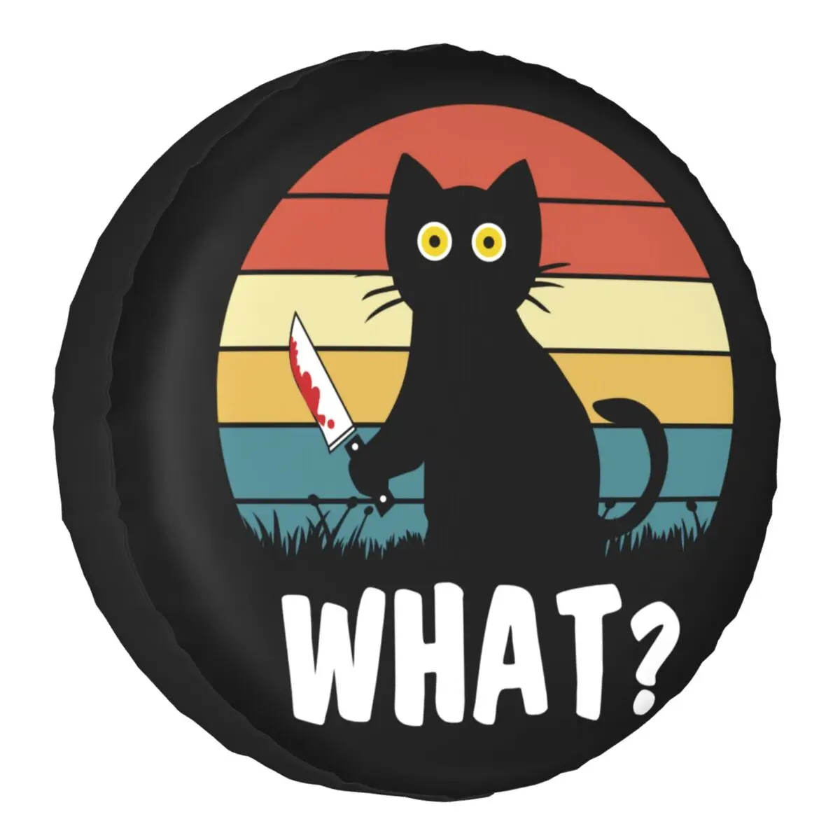 Black Cat What Spare Wheel Tire Cover for Grand Cherokee Funny Murderous Cat Holding Knife Halloween Jeep RV SUV Trailer Vehicle