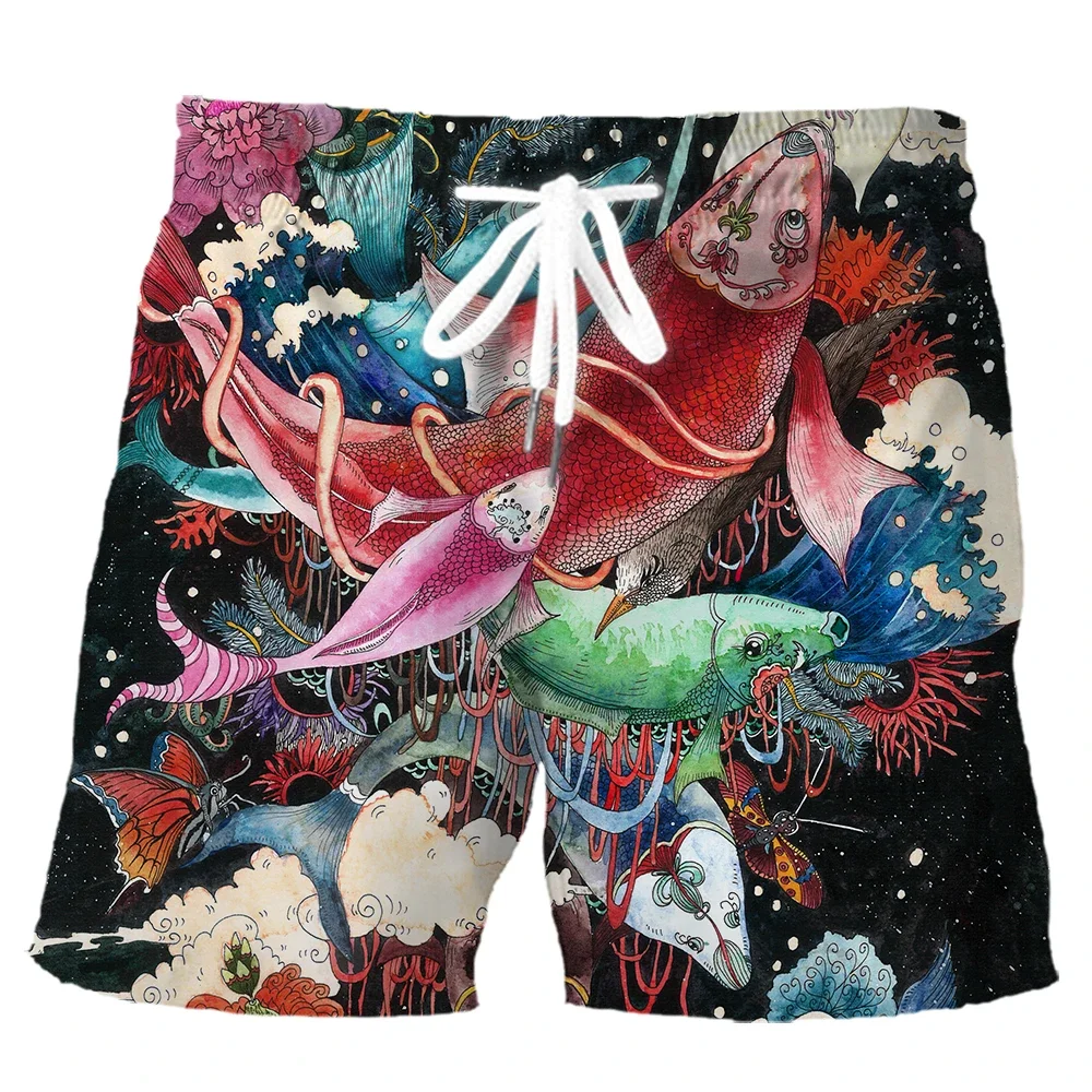 HX موضة السراويل الرياضية Ukiyo-e موجة كوي فينيكس لوتس الفن ثلاثية الأبعاد السراويل المطبوعة الصيف البوليستر الرجال عادية مجلس السراويل S-5XL #3