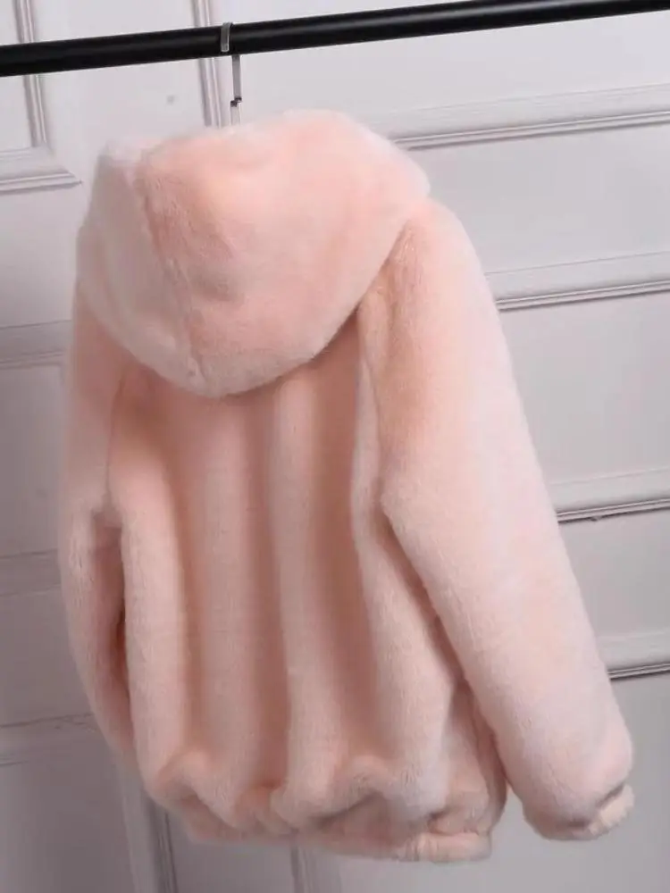 

Весенне-осенняя корейская куртка из искусственного меха кролика, женская свободная зимняя утепленная куртка с капюшоном, простая универсальная верхняя одежда