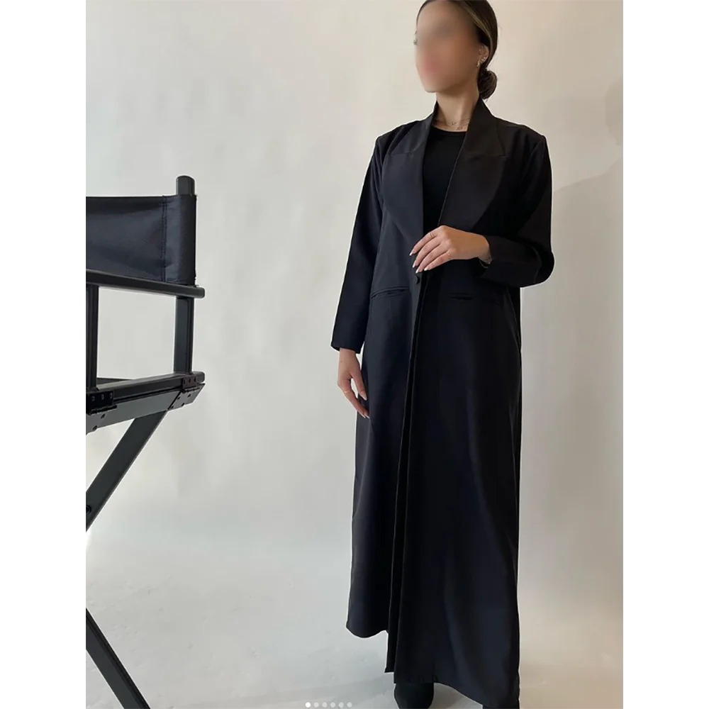 Chic Black One Button Women Long Jacket Elegant Female Daily Coat Formal Ankle Length Dress Abaya