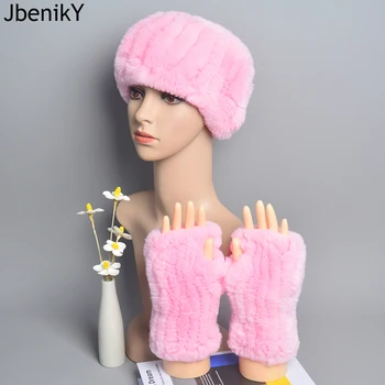 One Set Women Real Rex Rabbit Fur Cuff+Headband Winter Warmer Hat Arm Wrist Sleeve Gloves Female Real Fur Cap+Elastic Wristband