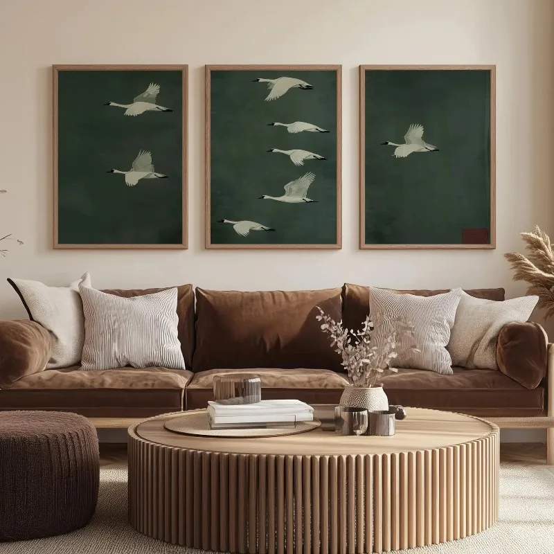 3pcs frameless Canvas Painting Emerald Green Flock of Geese 3 Piece Set of Wall Art, Vintage Three Piece Print Home Decor Unfram
