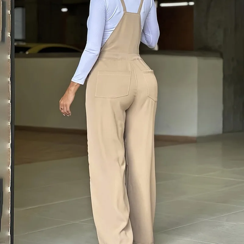 Women's Clothing Khaki Casual Strap Wide Leg Loose Pants Trousers Playsuit Jumpsuit Solid Color Sleeveless Pants Pockets