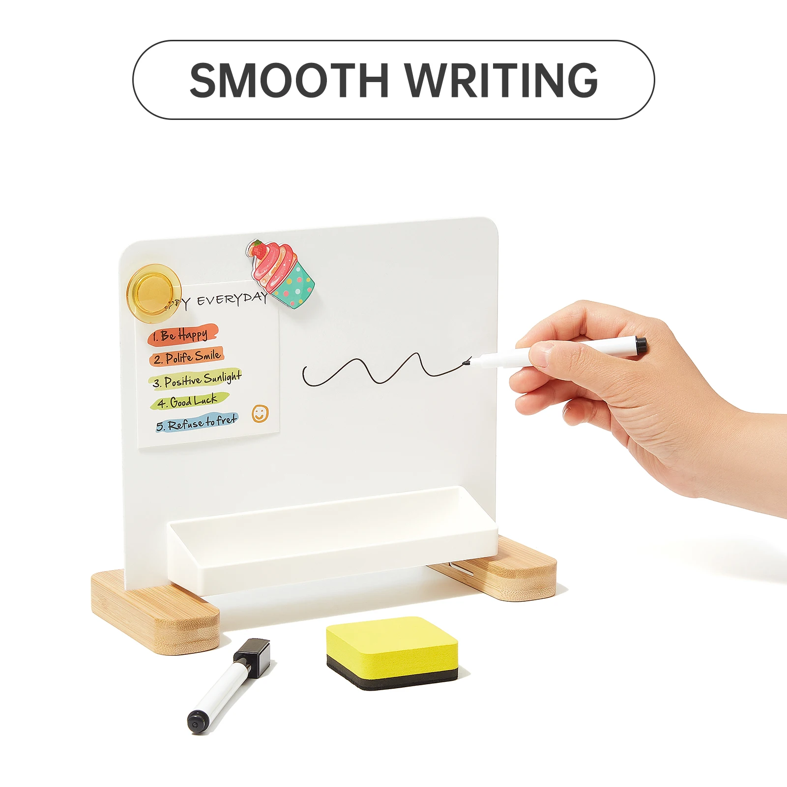 Versatile Magnetic Desktop Whiteboard with Bamboo Base Stand-up Dry Erase Writing Board Storage Box Design for Office School