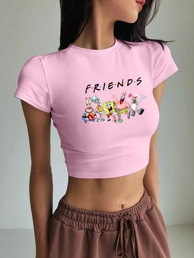 Spongebob Squarepants Commemorative Photos Girl T-Shirts Summer Crop Tops Fitness Tee Shirt Casual Popular Tshirt Short Sleeved