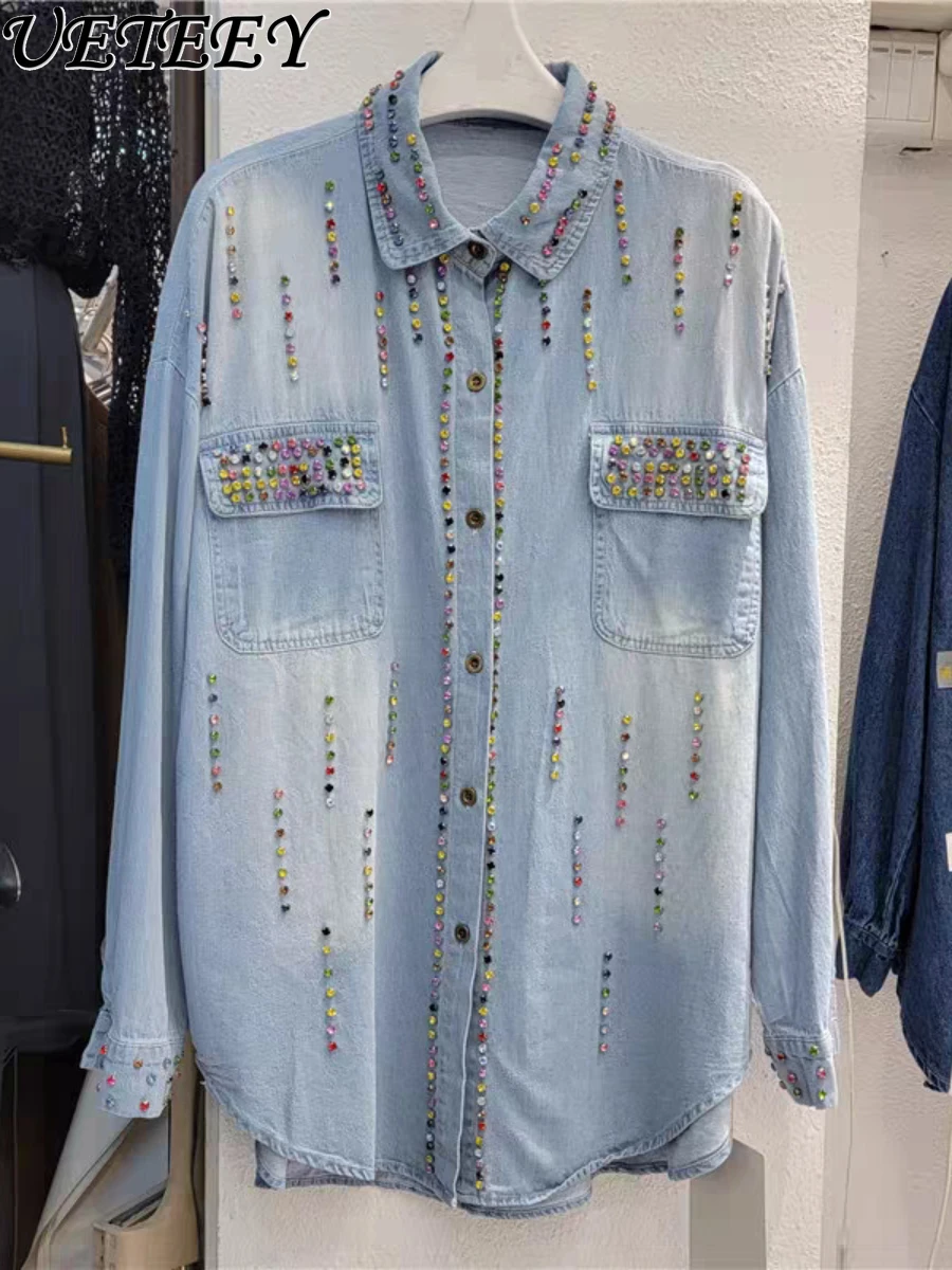 Heavy Industry Beads Colorful Crystals Denim Shirt Women's Spring and Autumn New Loose Polo Collar Single-Breasted Shirts Top