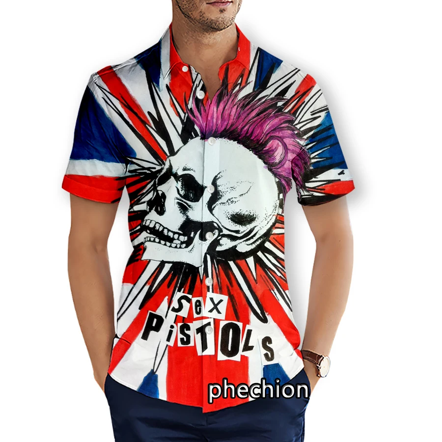 phechion Mens Short Sleeve Beach Shirts Rock band Sex Pistols 3D Print Casual Shirts Fashion Streetwear Men Tops X187