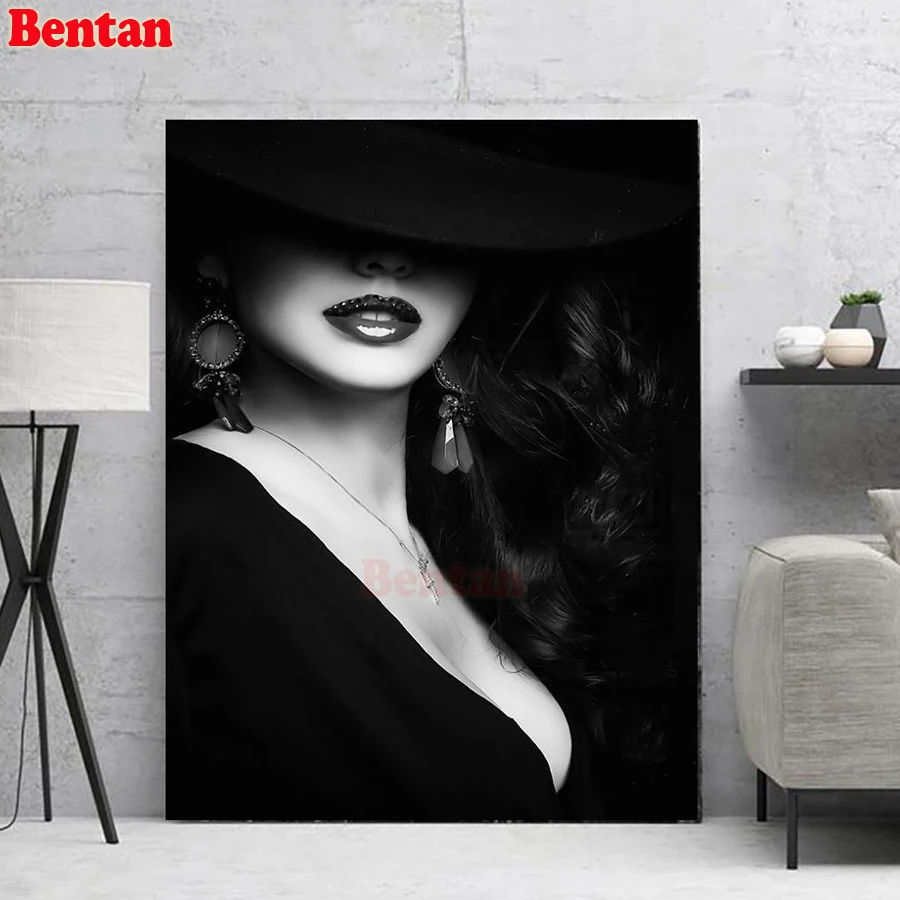 3D Pictures Of Rhinestones Diamond Embroidery woman hat Diamond Mosaic Sets DIY Diamond Painting Cross Stitch Black White Art