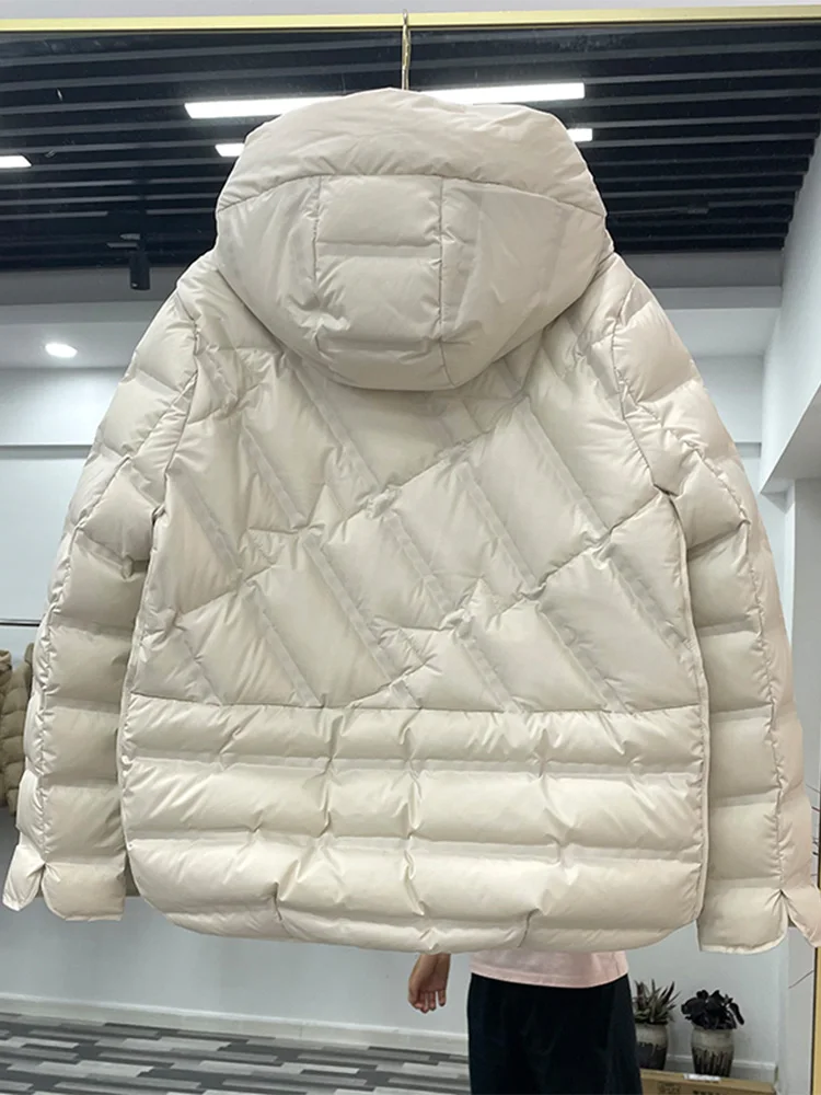 Abrigo de plumón de pato blanco para mujer, chaqueta acolchada de un solo pecho con cuello levantado, parka informal holgada con capucha, Invierno 90%