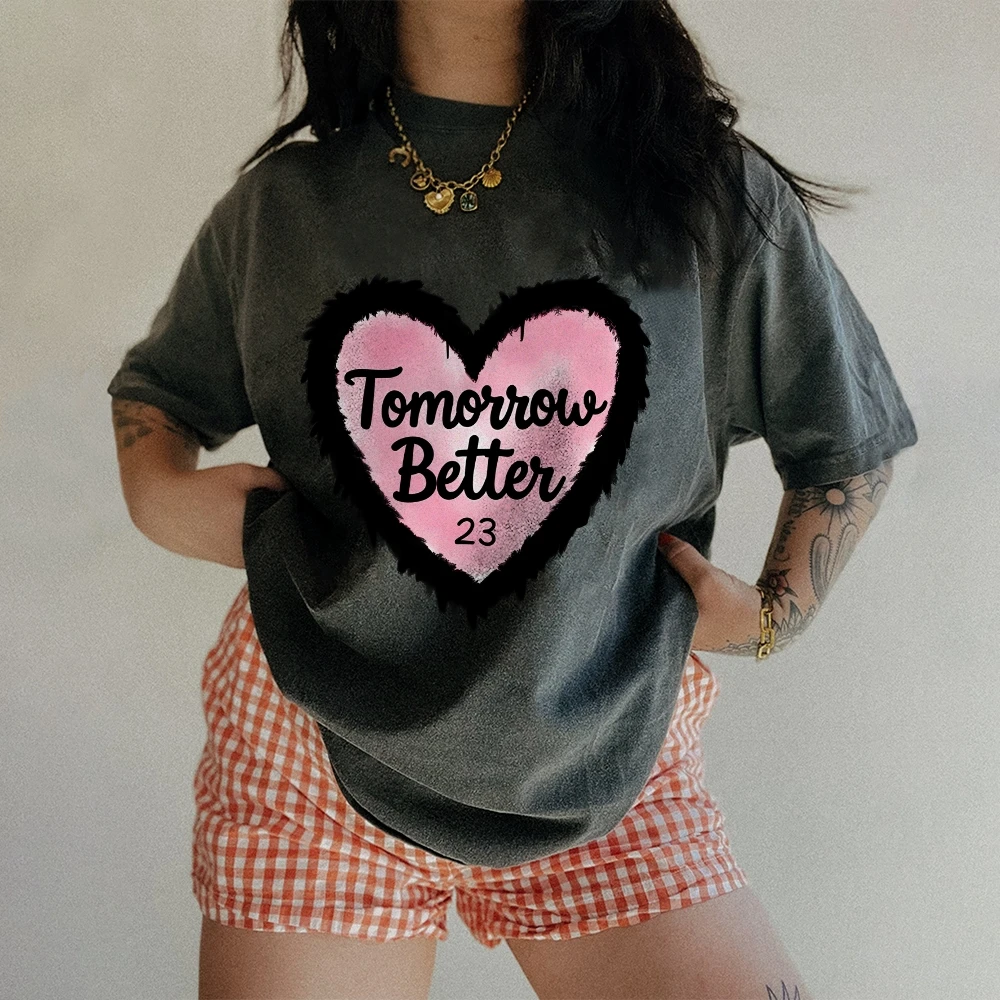 

Vintage-Washed Dark Gray Tee with Pink Fuzzy-Lined Heart Graphic Retro-Inspired Oversized Casual Top for Positive Vibes