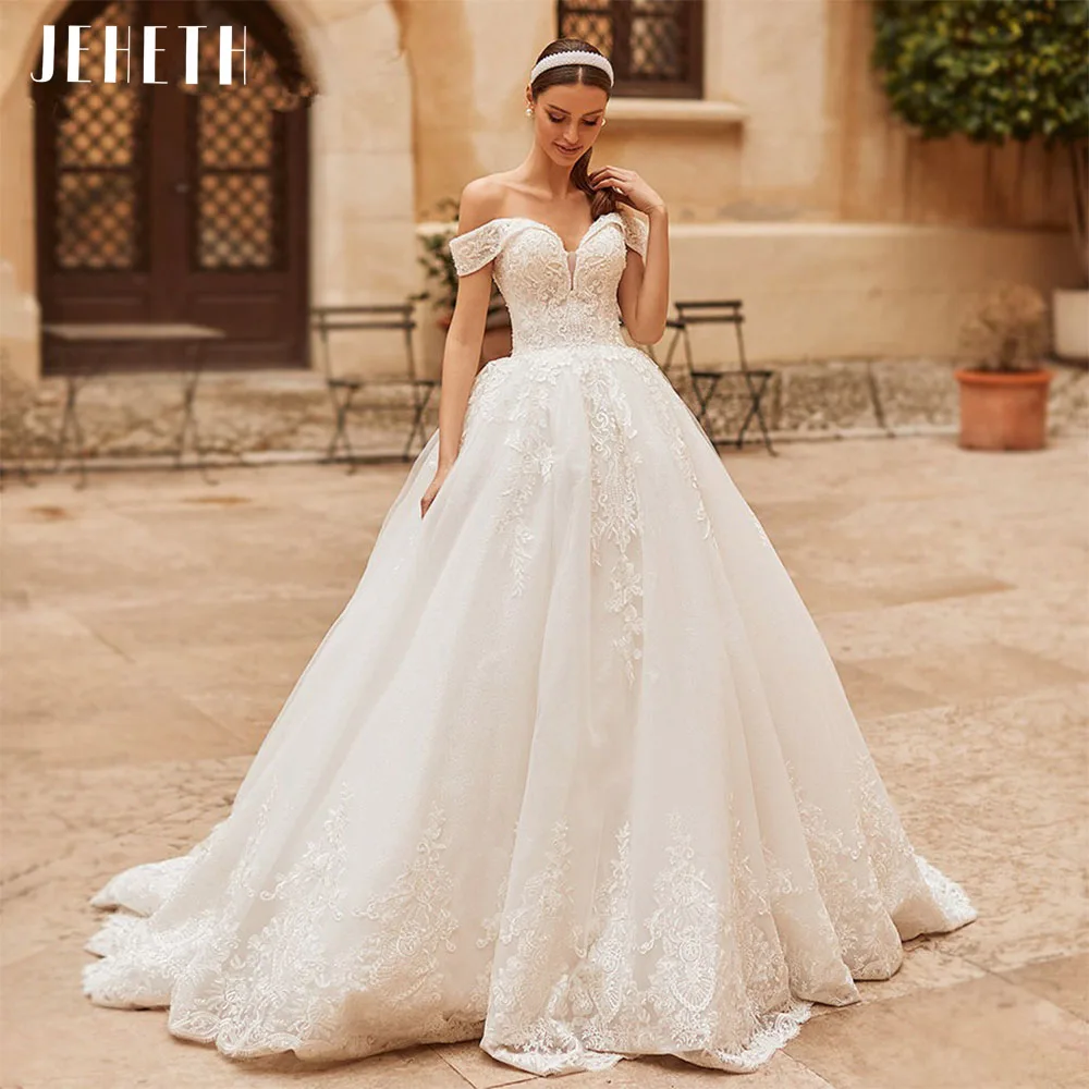 

Vintage Sweetheart Off Shoulder Tulle Wedding Dress Princess 2022 Luxury Bride Beaded Lace Appliques A-Line Bridal Gowns