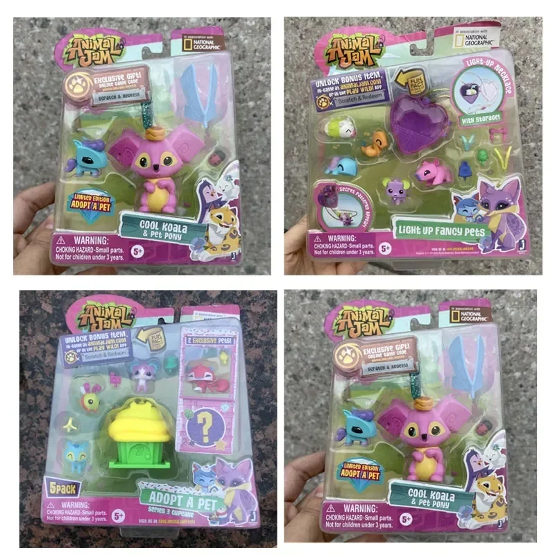 Animal Jam Pet Lynx Unicorn Magic Horse Penguin Koala Ring Collar para niñas, juego de casa, muñecas de mapache lindas, modelo de juguetes para niños